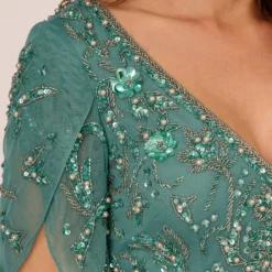 Adrianna Papell Beaded Mermaid Gown With Sheer Petal Sleeves In Green Slate 9 Adrianna Papell Beaded Mermaid Gown With Sheer Petal Sleeves In Green Slate -Glam Mirth Sales AP1E210923 AA355 Regular Lifestyle