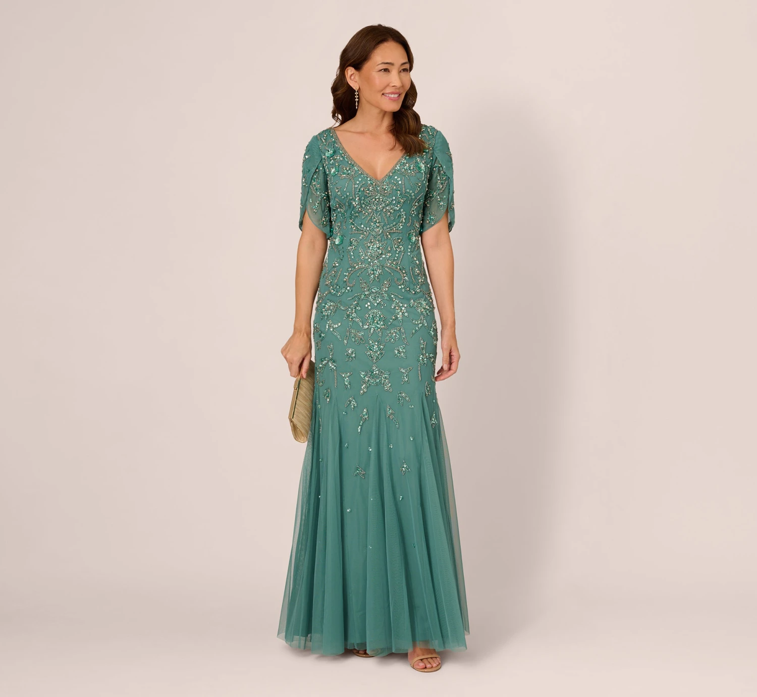 Adrianna Papell Beaded Mermaid Gown With Sheer Petal Sleeves In Green Slate 2 Adrianna Papell Beaded Mermaid Gown With Sheer Petal Sleeves In Green Slate - Image 2