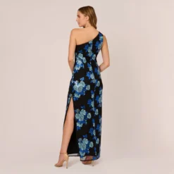 Adrianna Papell Floral Sequin One Shoulder Column Gown In Black Blue Multi -Glam Mirth Sales AP1E210946 AP986 Regular Back