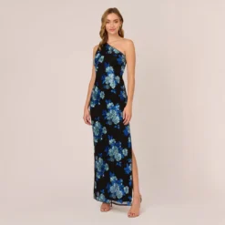 Adrianna Papell Floral Sequin One Shoulder Column Gown In Black Blue Multi