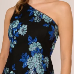 Adrianna Papell Floral Sequin One Shoulder Column Gown In Black Blue Multi -Glam Mirth Sales AP1E210946 AP986 Regular Detail