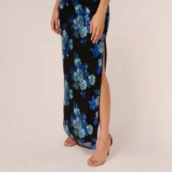 Adrianna Papell Floral Sequin One Shoulder Column Gown In Black Blue Multi -Glam Mirth Sales AP1E210946 AP986 Regular Lifestyle