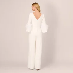 Adrianna Papell Stretch Crepe Jumpsuit With Feather Trim Bell Sleeves In Ivory 9 Adrianna Papell Stretch Crepe Jumpsuit With Feather Trim Bell Sleeves In Ivory -Glam Mirth Sales AP1E210969 AA194 Regular Back