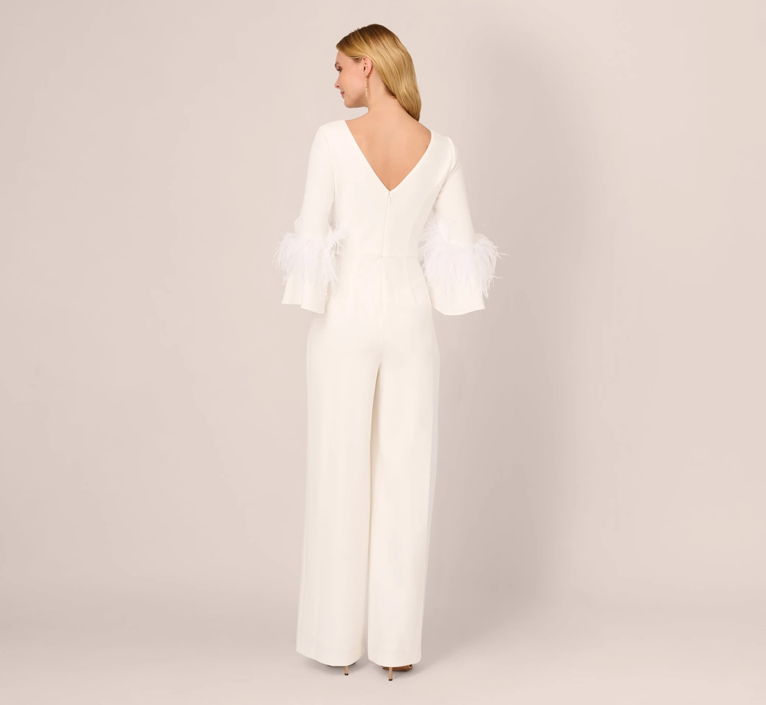 Adrianna Papell Stretch Crepe Jumpsuit With Feather Trim Bell Sleeves In Ivory 4 Adrianna Papell Stretch Crepe Jumpsuit With Feather Trim Bell Sleeves In Ivory - Image 4