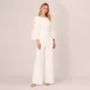 Adrianna Papell Stretch Crepe Jumpsuit With Feather Trim Bell Sleeves In Ivory