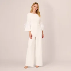 Adrianna Papell Stretch Crepe Jumpsuit With Feather Trim Bell Sleeves In Ivory