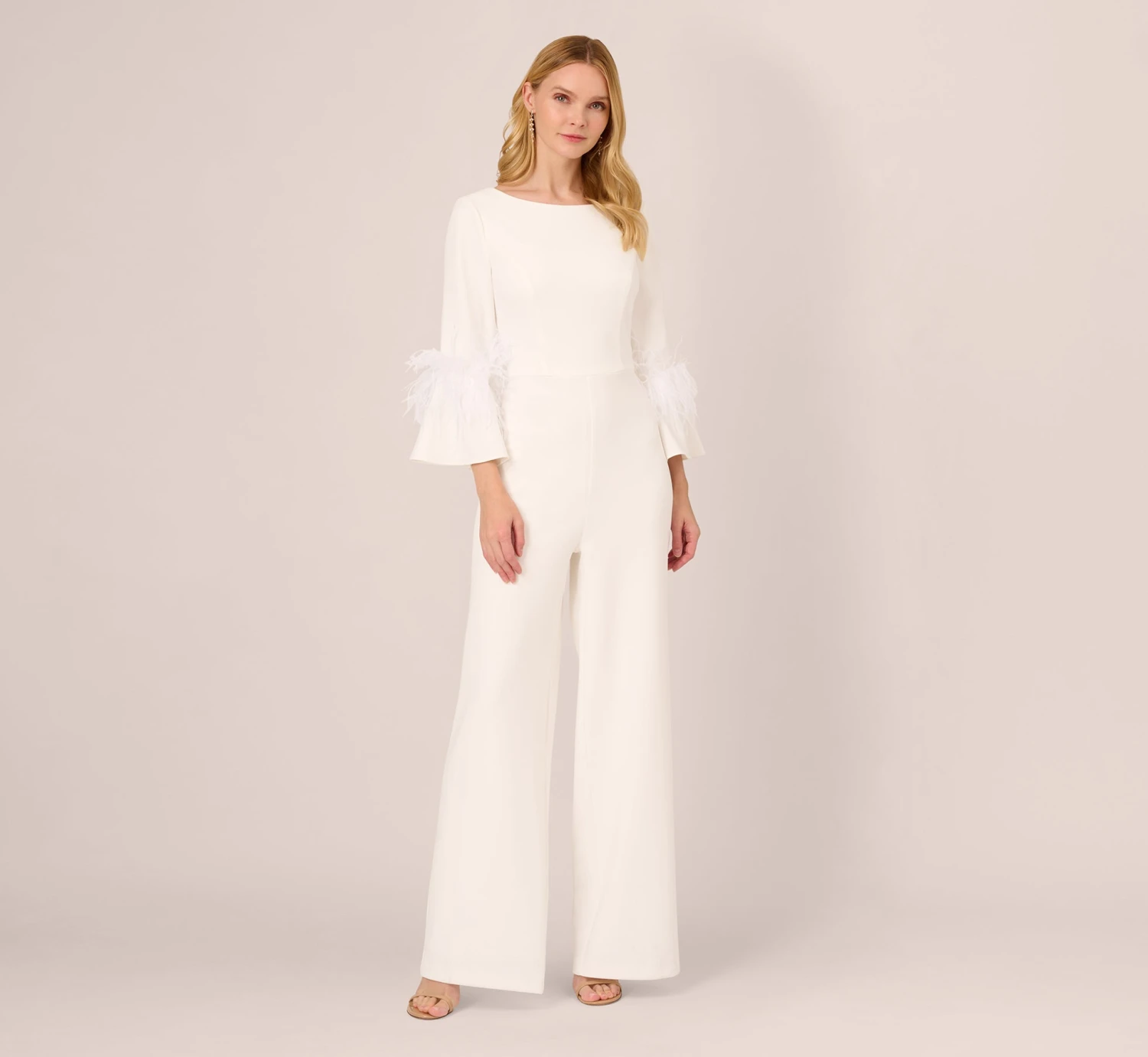 Adrianna Papell Stretch Crepe Jumpsuit With Feather Trim Bell Sleeves In Ivory 1 Adrianna Papell Stretch Crepe Jumpsuit With Feather Trim Bell Sleeves In Ivory