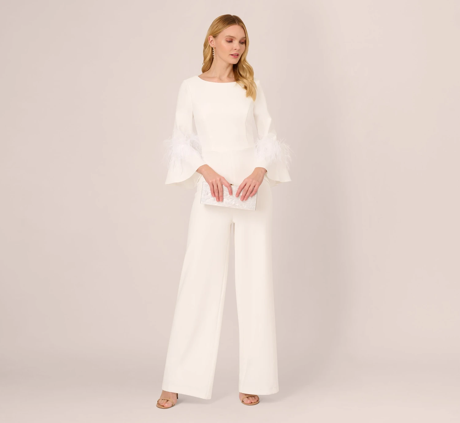 Adrianna Papell Stretch Crepe Jumpsuit With Feather Trim Bell Sleeves In Ivory 2 Adrianna Papell Stretch Crepe Jumpsuit With Feather Trim Bell Sleeves In Ivory - Image 2