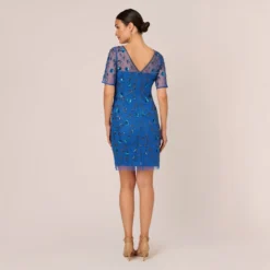 Adrianna Papell 3D Floral Beaded Dress With Sheer Short Sleeves In Blue Horizon 10 Adrianna Papell 3D Floral Beaded Dress With Sheer Short Sleeves In Blue Horizon -Glam Mirth Sales AP1E210974 AD402 Regular Back