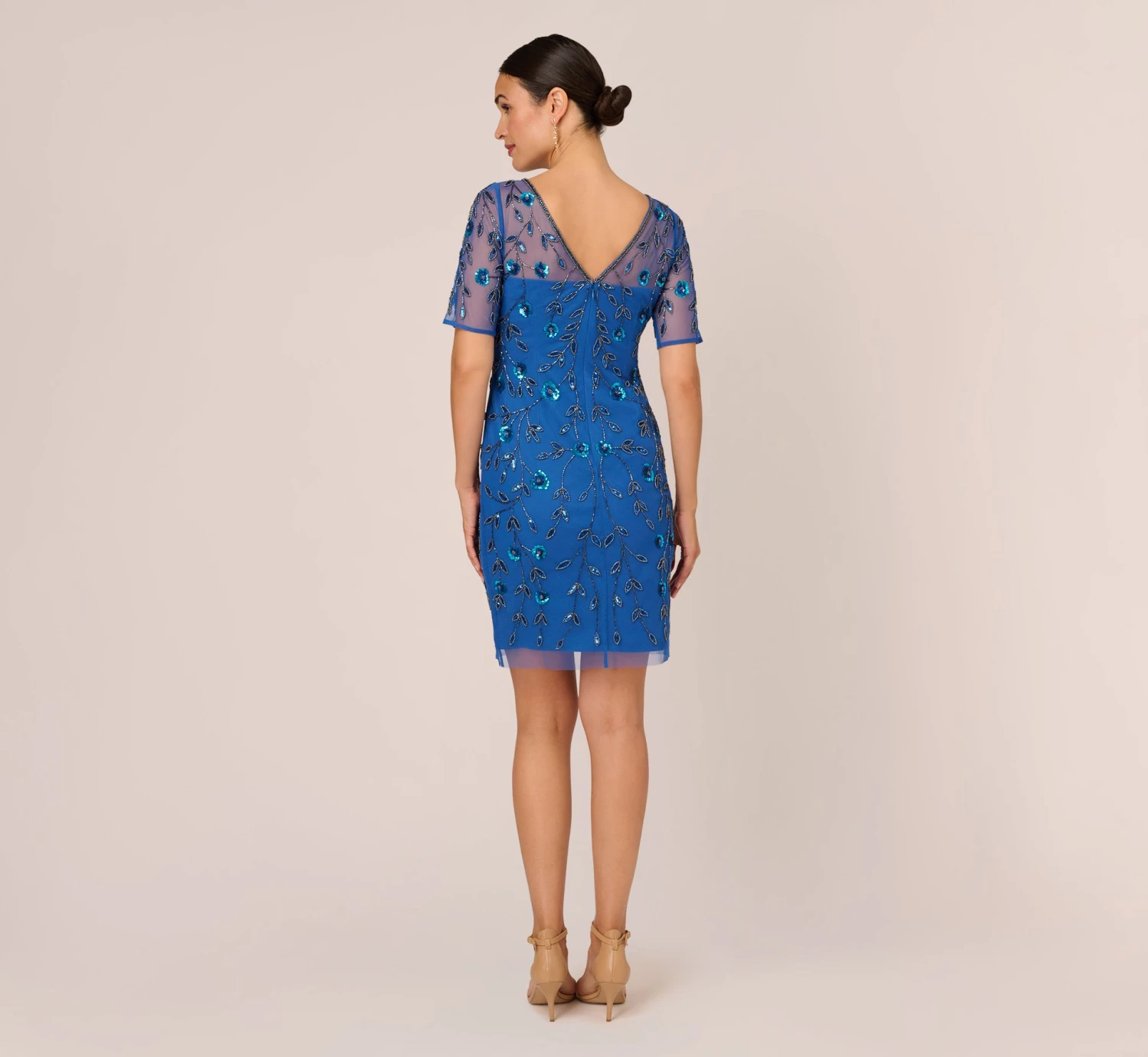 Adrianna Papell 3D Floral Beaded Dress With Sheer Short Sleeves In Blue Horizon 4 Adrianna Papell 3D Floral Beaded Dress With Sheer Short Sleeves In Blue Horizon - Image 4