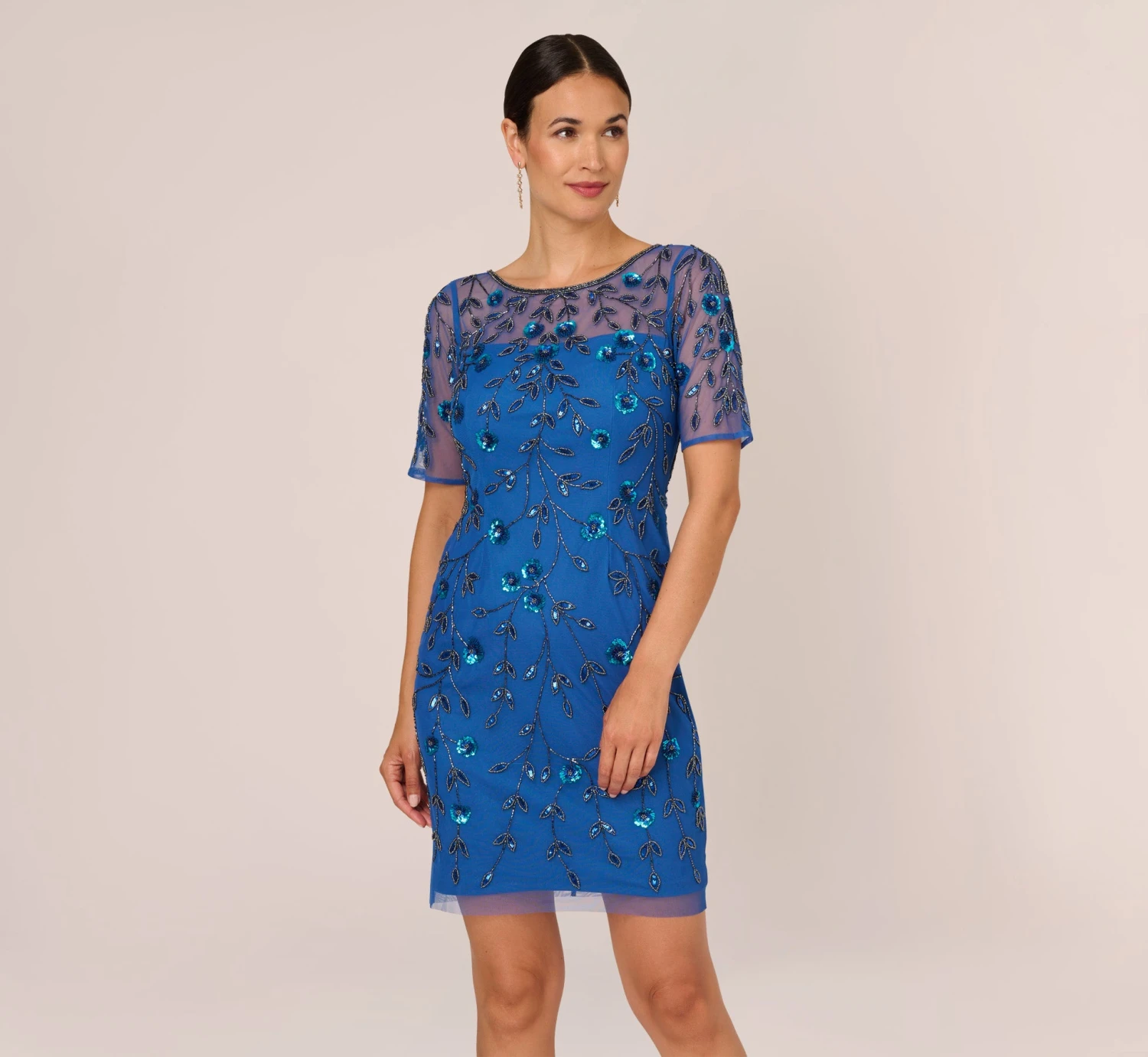Adrianna Papell 3D Floral Beaded Dress With Sheer Short Sleeves In Blue Horizon 1 Adrianna Papell 3D Floral Beaded Dress With Sheer Short Sleeves In Blue Horizon