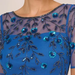 Adrianna Papell 3D Floral Beaded Dress With Sheer Short Sleeves In Blue Horizon 9 Adrianna Papell 3D Floral Beaded Dress With Sheer Short Sleeves In Blue Horizon -Glam Mirth Sales AP1E210974 AD402 Regular Detail