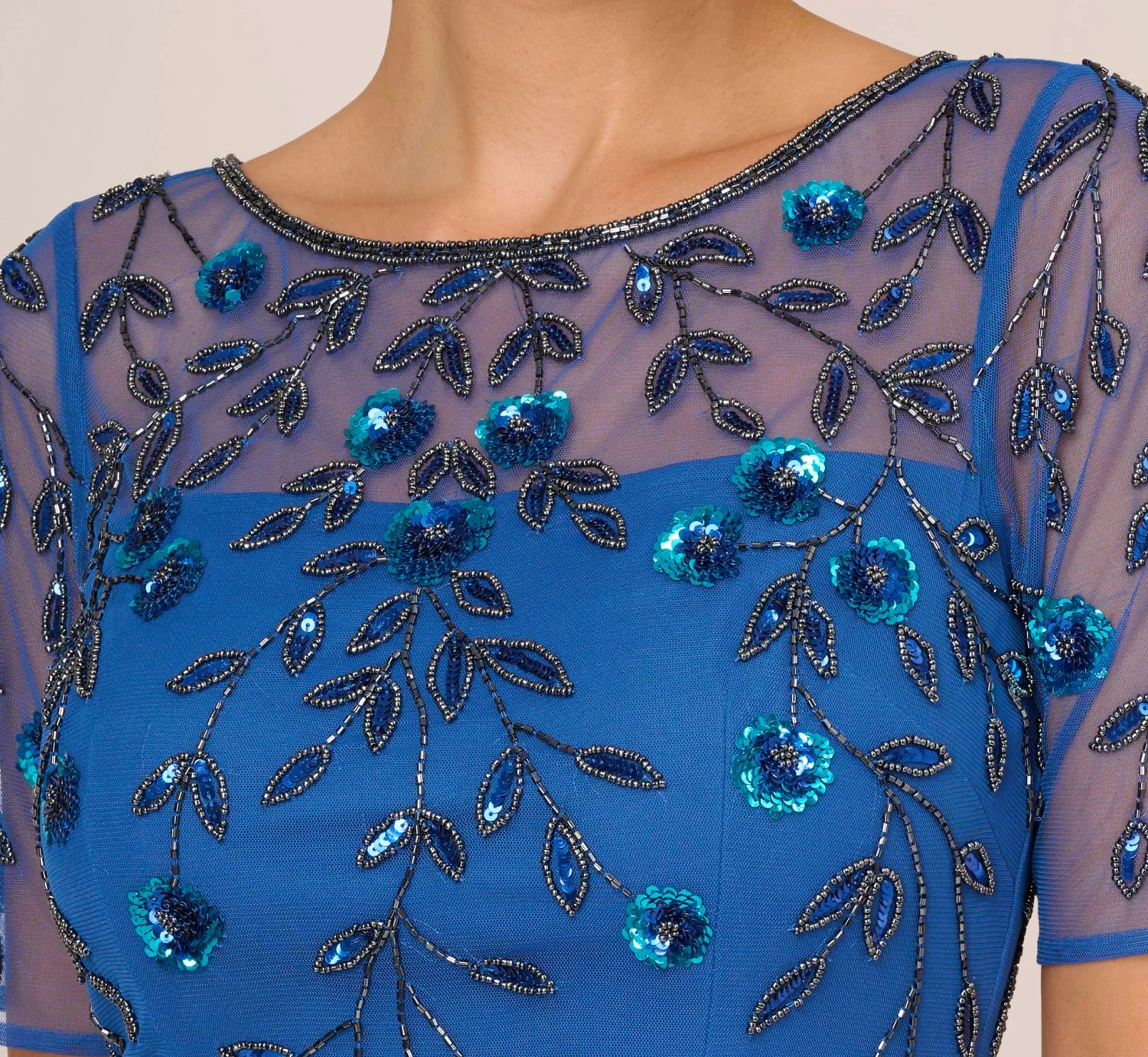 Adrianna Papell 3D Floral Beaded Dress With Sheer Short Sleeves In Blue Horizon 3 Adrianna Papell 3D Floral Beaded Dress With Sheer Short Sleeves In Blue Horizon - Image 3