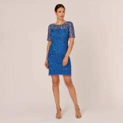 Adrianna Papell 3D Floral Beaded Dress With Sheer Short Sleeves In Blue Horizon 12 Adrianna Papell 3D Floral Beaded Dress With Sheer Short Sleeves In Blue Horizon -Glam Mirth Sales AP1E210974 AD402 Regular Front