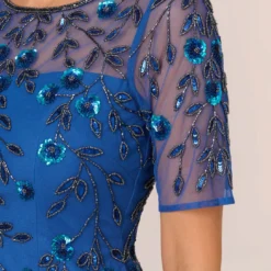 Adrianna Papell 3D Floral Beaded Dress With Sheer Short Sleeves In Blue Horizon 11 Adrianna Papell 3D Floral Beaded Dress With Sheer Short Sleeves In Blue Horizon -Glam Mirth Sales AP1E210974 AD402 Regular Lifestyle