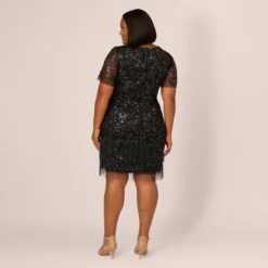 Adrianna Papell Plus Size Beaded Fringe Dress With Sheer Short Sleeves In Black -Glam Mirth Sales AP1E211010 AA002 Plus Back