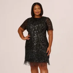 Adrianna Papell Plus Size Beaded Fringe Dress With Sheer Short Sleeves In Black
