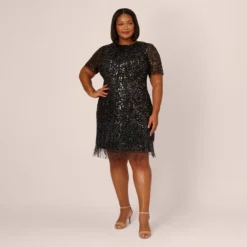 Adrianna Papell Plus Size Beaded Fringe Dress With Sheer Short Sleeves In Black -Glam Mirth Sales AP1E211010 AA002 Plus Front