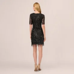 Adrianna Papell Beaded Fringe Dress With Sheer Short Sleeves In Black -Glam Mirth Sales AP1E211010 AA002 Regular Back