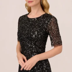 Adrianna Papell Beaded Fringe Dress With Sheer Short Sleeves In Black -Glam Mirth Sales AP1E211010 AA002 Regular Detail