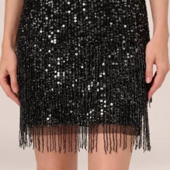 Adrianna Papell Beaded Fringe Dress With Sheer Short Sleeves In Black -Glam Mirth Sales AP1E211010 AA002 Regular Lifestyle