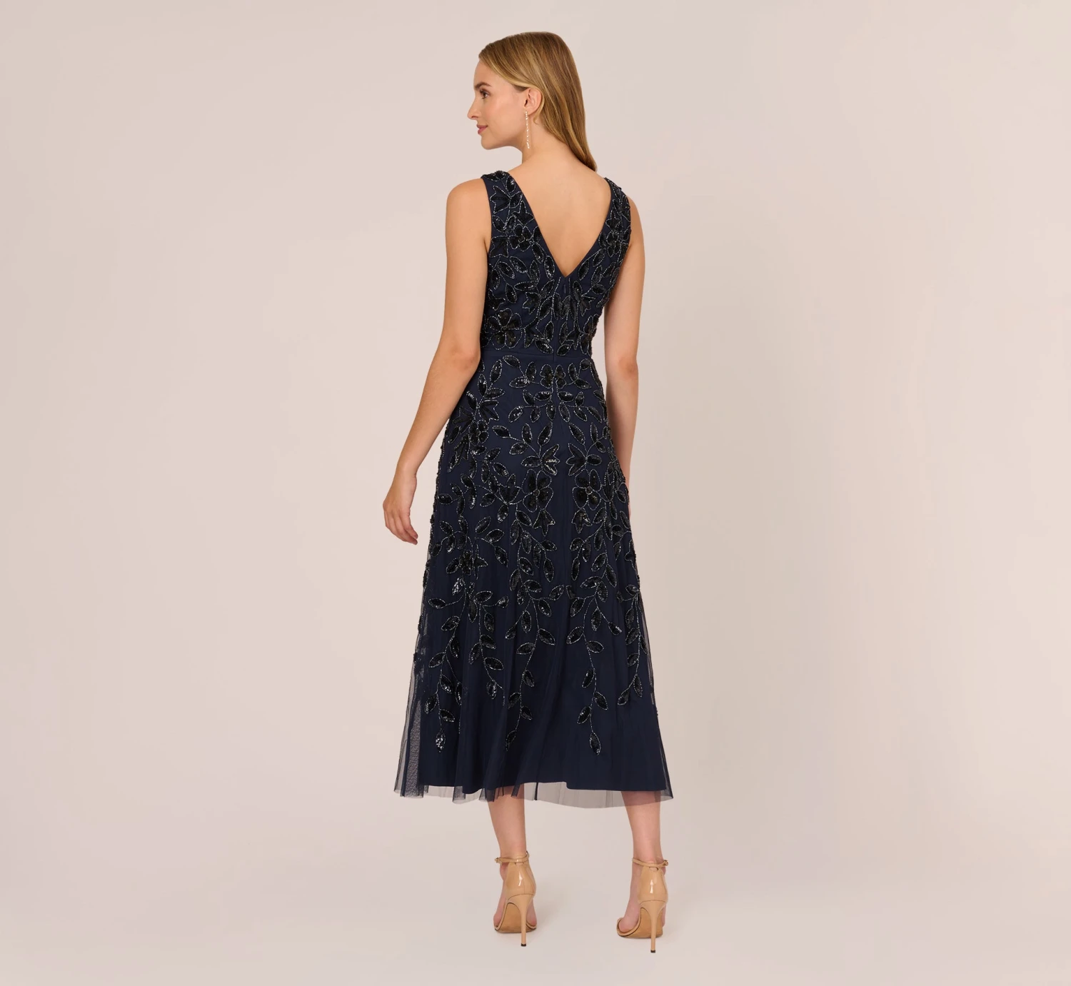 Adrianna Papell Floral Beaded Ankle Length Sleeveless Gown In Navy 4 Adrianna Papell Floral Beaded Ankle Length Sleeveless Gown In Navy - Image 4