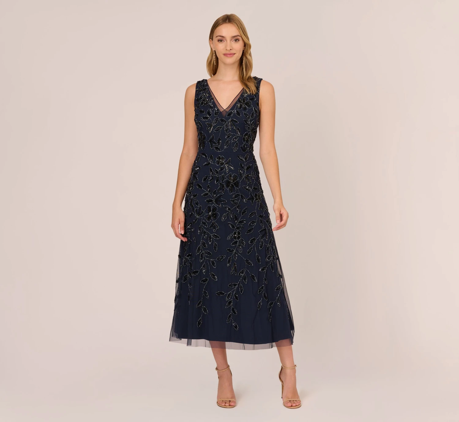 Adrianna Papell Floral Beaded Ankle Length Sleeveless Gown In Navy 1 Adrianna Papell Floral Beaded Ankle Length Sleeveless Gown In Navy