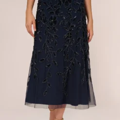 Adrianna Papell Floral Beaded Ankle Length Sleeveless Gown In Navy 10 Adrianna Papell Floral Beaded Ankle Length Sleeveless Gown In Navy -Glam Mirth Sales AP1E211056 AA412 Regular Lifestyle