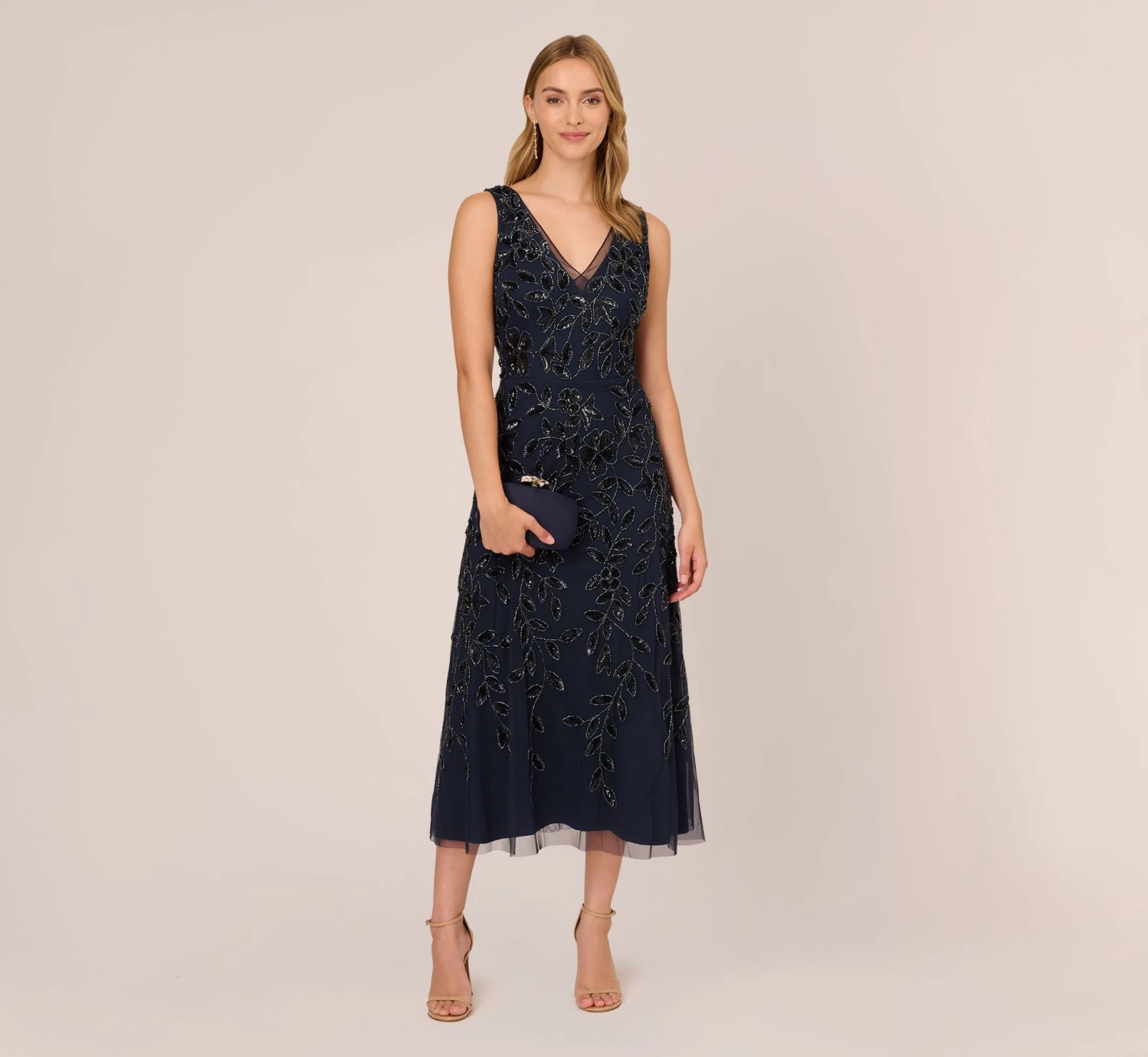 Adrianna Papell Floral Beaded Ankle Length Sleeveless Gown In Navy 2 Adrianna Papell Floral Beaded Ankle Length Sleeveless Gown In Navy - Image 2