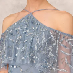 Hand Beaded Cold Shoulder Popover Long A-Line Gown In Vintage Blue 9 Hand Beaded Cold Shoulder Popover Long A-Line Gown In Vintage Blue -Glam Mirth Sales MD1E205785 AC466 Regular Detail