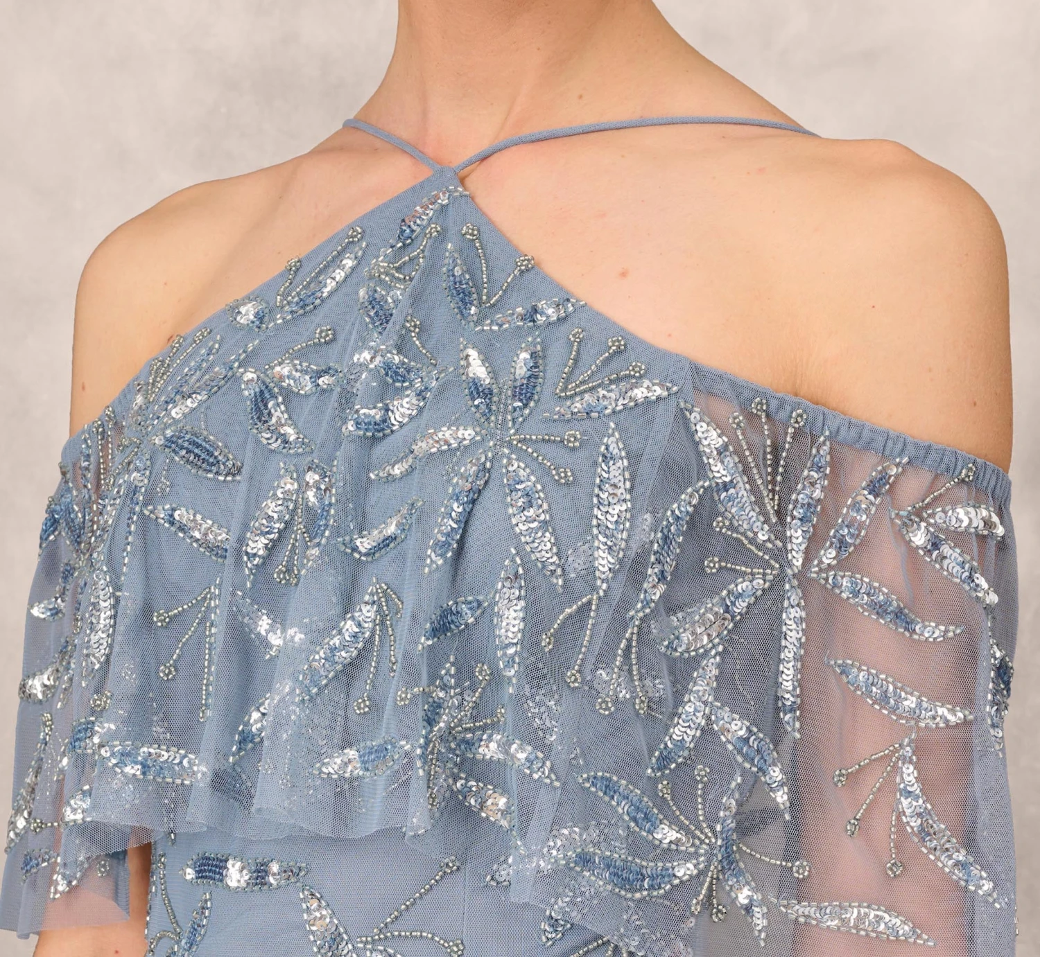 Hand Beaded Cold Shoulder Popover Long A-Line Gown In Vintage Blue 4 Hand Beaded Cold Shoulder Popover Long A-Line Gown In Vintage Blue - Image 4