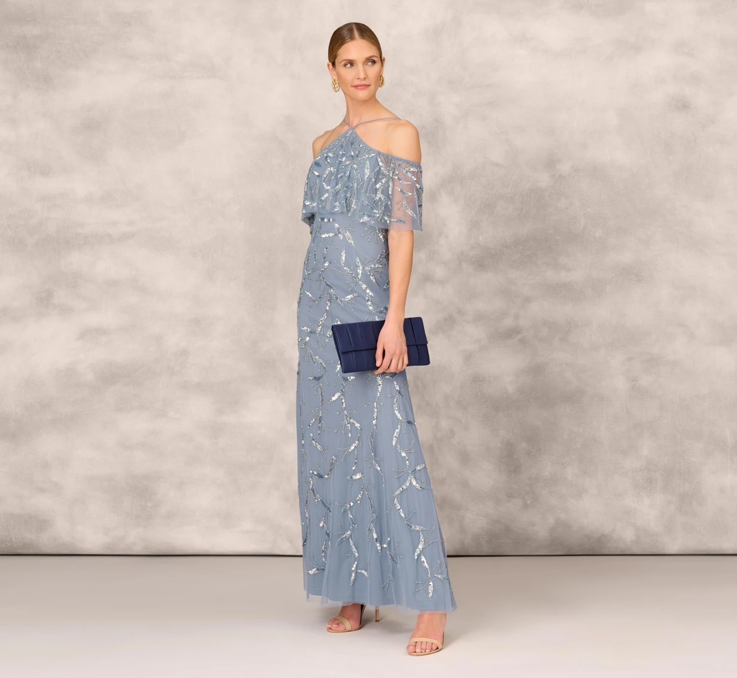 Hand Beaded Cold Shoulder Popover Long A-Line Gown In Vintage Blue 2 Hand Beaded Cold Shoulder Popover Long A-Line Gown In Vintage Blue - Image 2