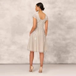 Hand Beaded Illusion Midi-Length Fit-And-Flare Cocktail Dress In Silver 9 Hand Beaded Illusion Midi-Length Fit-And-Flare Cocktail Dress In Silver -Glam Mirth Sales MD1E206654 AA040 Regular Back