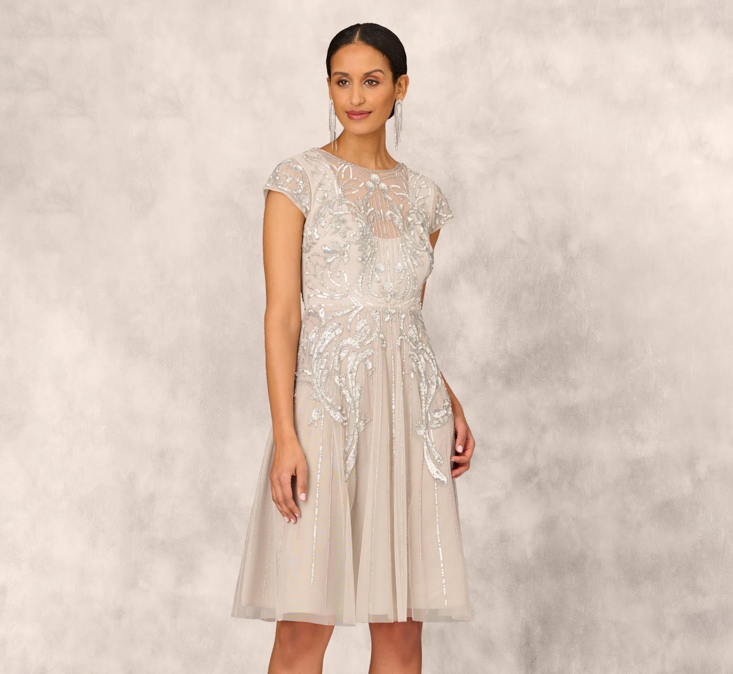 Hand Beaded Illusion Midi-Length Fit-And-Flare Cocktail Dress In Silver 1 Hand Beaded Illusion Midi-Length Fit-And-Flare Cocktail Dress In Silver