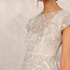 Hand Beaded Illusion Midi-Length Fit-And-Flare Cocktail Dress In Silver 11 Hand Beaded Illusion Midi-Length Fit-And-Flare Cocktail Dress In Silver -Glam Mirth Sales MD1E206654 AA040 Regular Detail