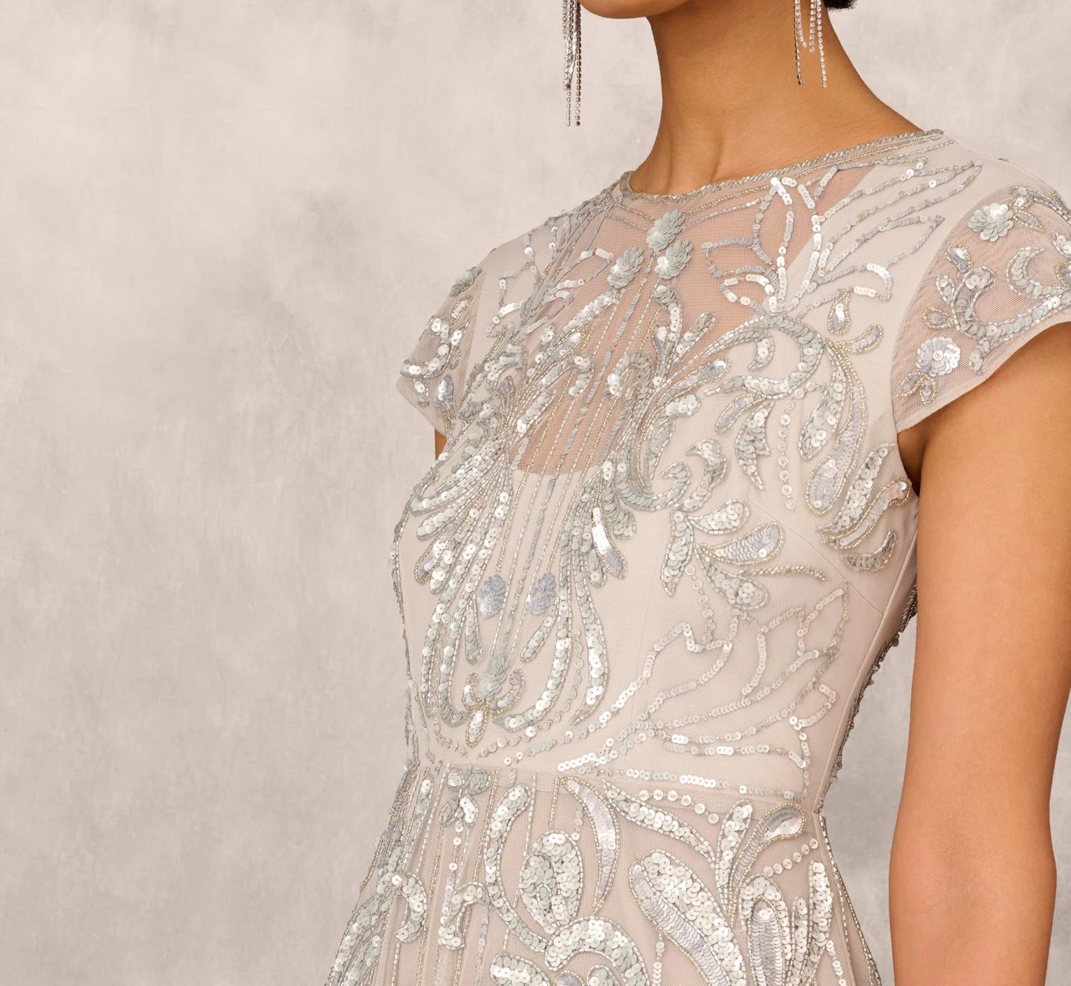 Hand Beaded Illusion Midi-Length Fit-And-Flare Cocktail Dress In Silver 5 Hand Beaded Illusion Midi-Length Fit-And-Flare Cocktail Dress In Silver - Image 5