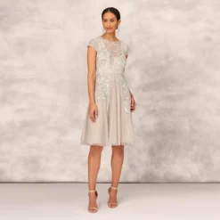 Hand Beaded Illusion Midi-Length Fit-And-Flare Cocktail Dress In Silver 13 Hand Beaded Illusion Midi-Length Fit-And-Flare Cocktail Dress In Silver -Glam Mirth Sales MD1E206654 AA040 Regular Front