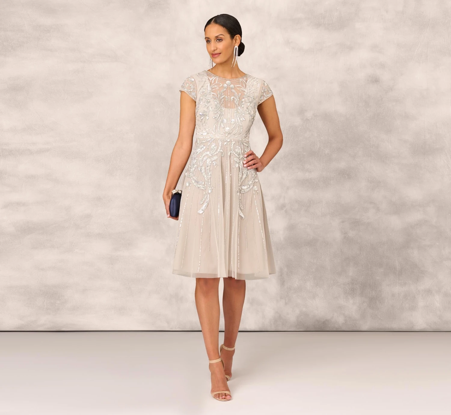 Hand Beaded Illusion Midi-Length Fit-And-Flare Cocktail Dress In Silver 2 Hand Beaded Illusion Midi-Length Fit-And-Flare Cocktail Dress In Silver - Image 2