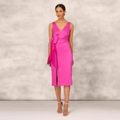 Shutter Pleat Satin Dress In Pink Flame