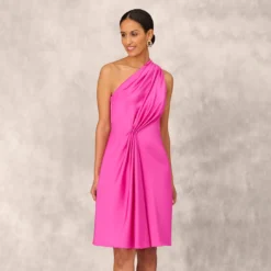 One Shoulder Midi Dress With Pleated Details In Magenta