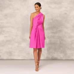 One Shoulder Midi Dress With Pleated Details In Magenta -Glam Mirth Sales MD1E207318 AA520 Regular Front