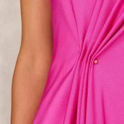 One Shoulder Midi Dress With Pleated Details In Magenta -Glam Mirth Sales MD1E207318 AA520 Regular Lifestyle