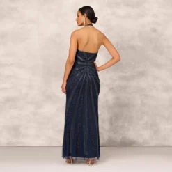 Dazzling Beaded Halter Gown With Deep V-Neckline In Navy 10 Dazzling Beaded Halter Gown With Deep V-Neckline In Navy -Glam Mirth Sales MD1E207348 AA412 Regular Back