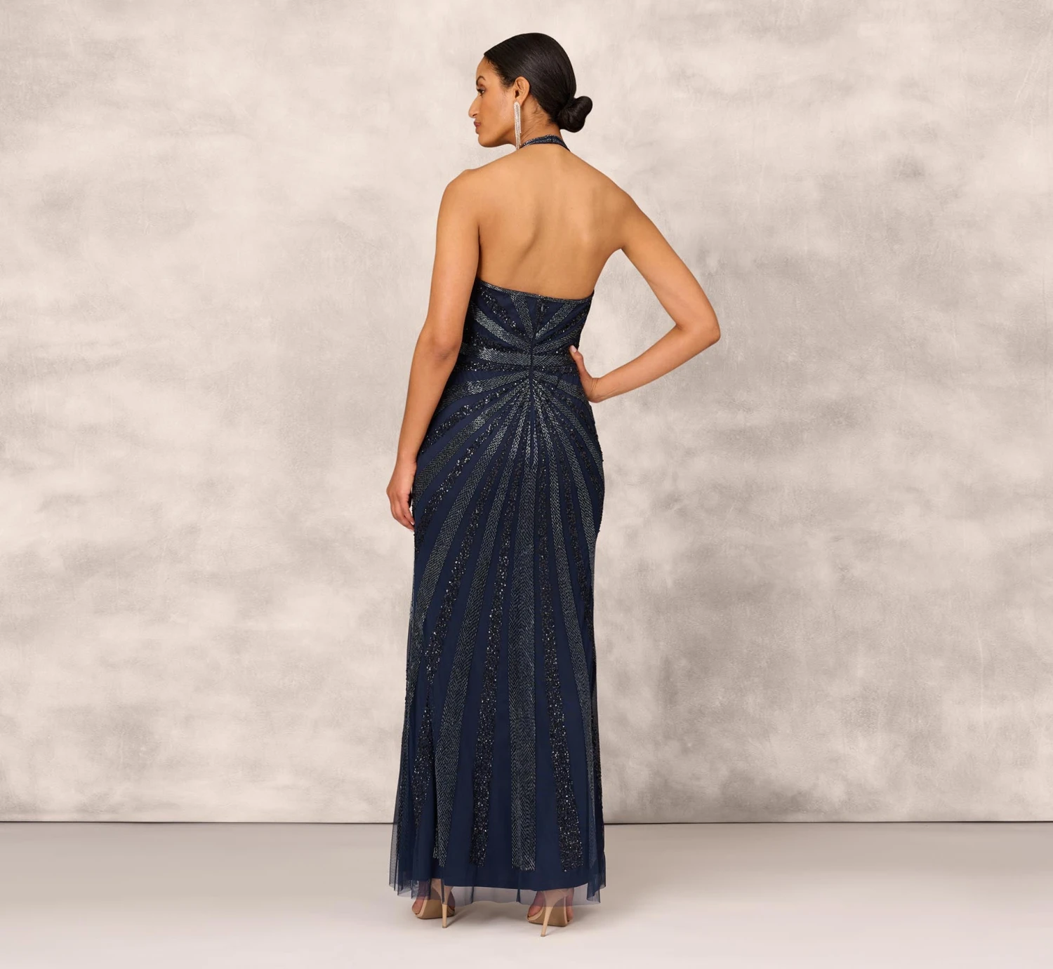 Dazzling Beaded Halter Gown With Deep V-Neckline In Navy 4 Dazzling Beaded Halter Gown With Deep V-Neckline In Navy - Image 4