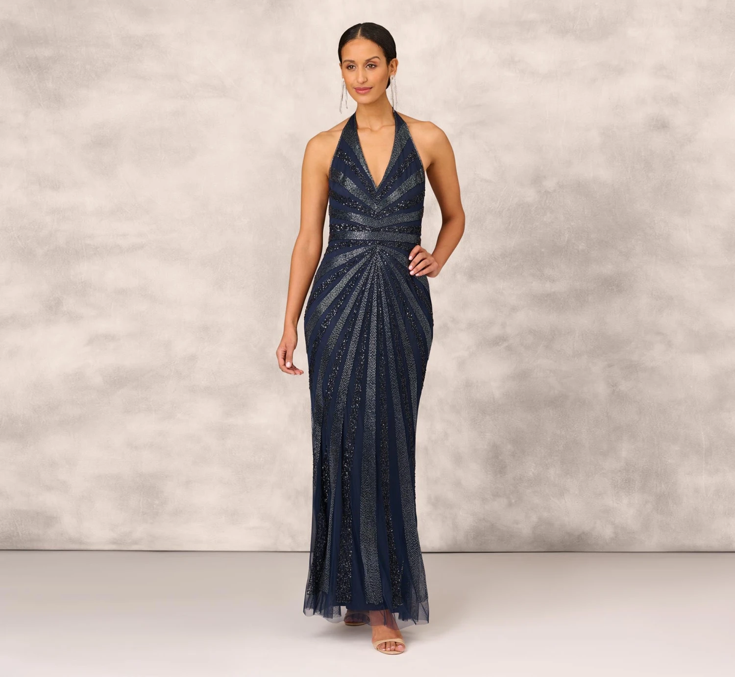 Dazzling Beaded Halter Gown With Deep V-Neckline In Navy 6 Dazzling Beaded Halter Gown With Deep V-Neckline In Navy - Image 6