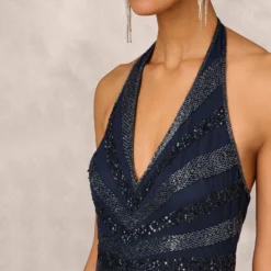 Dazzling Beaded Halter Gown With Deep V-Neckline In Navy 9 Dazzling Beaded Halter Gown With Deep V-Neckline In Navy -Glam Mirth Sales MD1E207348 AA412 Regular Detail