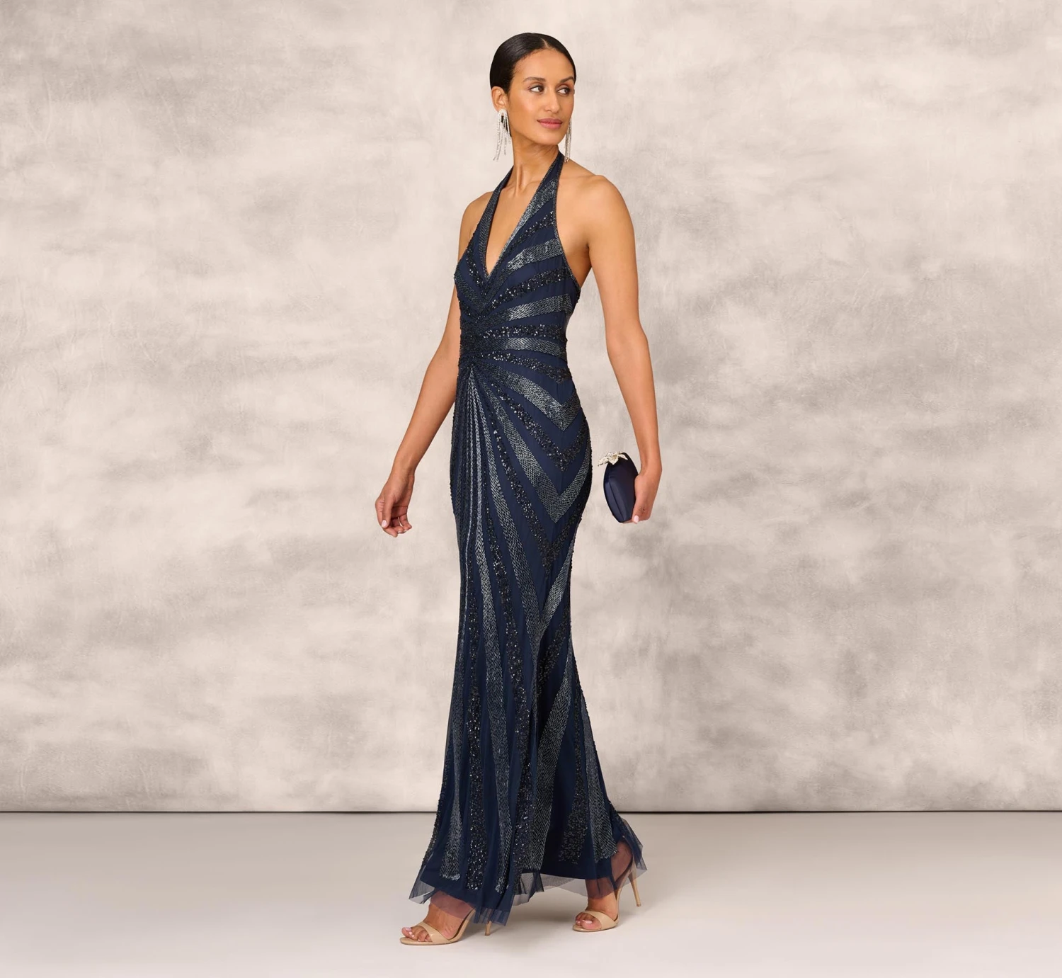Dazzling Beaded Halter Gown With Deep V-Neckline In Navy 2 Dazzling Beaded Halter Gown With Deep V-Neckline In Navy - Image 2