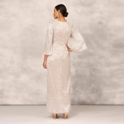 Pleated Foiled Long Column Dress With Slit And Flutter Sleeves In Silver Gold 9 Pleated Foiled Long Column Dress With Slit And Flutter Sleeves In Silver Gold -Glam Mirth Sales MD1E207436 AH063 Regular Back