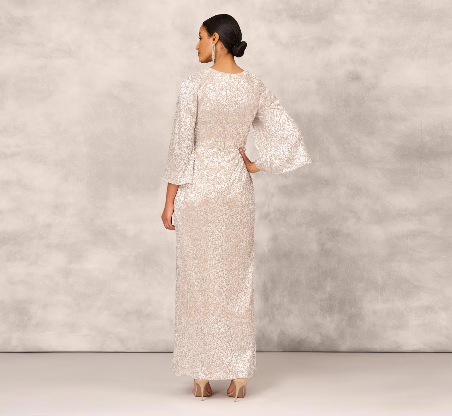 Pleated Foiled Long Column Dress With Slit And Flutter Sleeves In Silver Gold 3 Pleated Foiled Long Column Dress With Slit And Flutter Sleeves In Silver Gold - Image 3