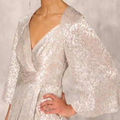 Pleated Foiled Long Column Dress With Slit And Flutter Sleeves In Silver Gold 12 Pleated Foiled Long Column Dress With Slit And Flutter Sleeves In Silver Gold -Glam Mirth Sales MD1E207436 AH063 Regular Detail